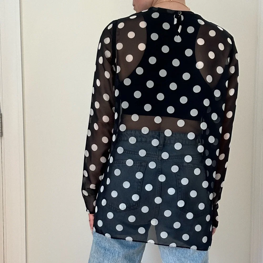 Custom Made Poly Chiffon Polka Dot Sheer Blouse /Hot Polka Dot Trend - Picture 8 of 8